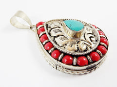 Teardrop Ethnic Turquoise Coral Tribal Pendant - Tibetan Nepalese Handmade - Silver