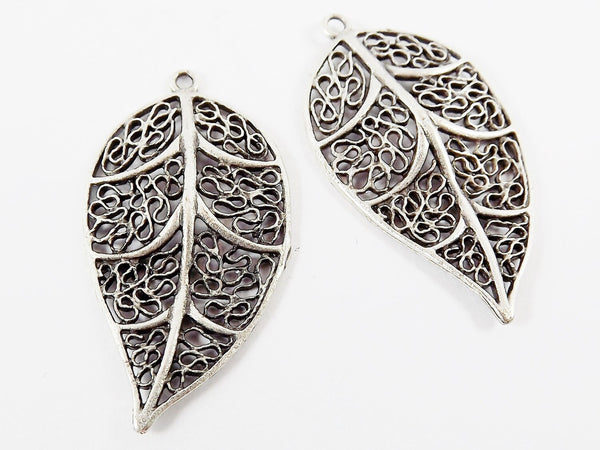 Silver Leaf Charms, Filigree Leaf, Leaf Pendant, Metal Leaf Charms, Leaves, Boho Charms, Jewelry Supplies, Matte Antique Silver Plated 2pc