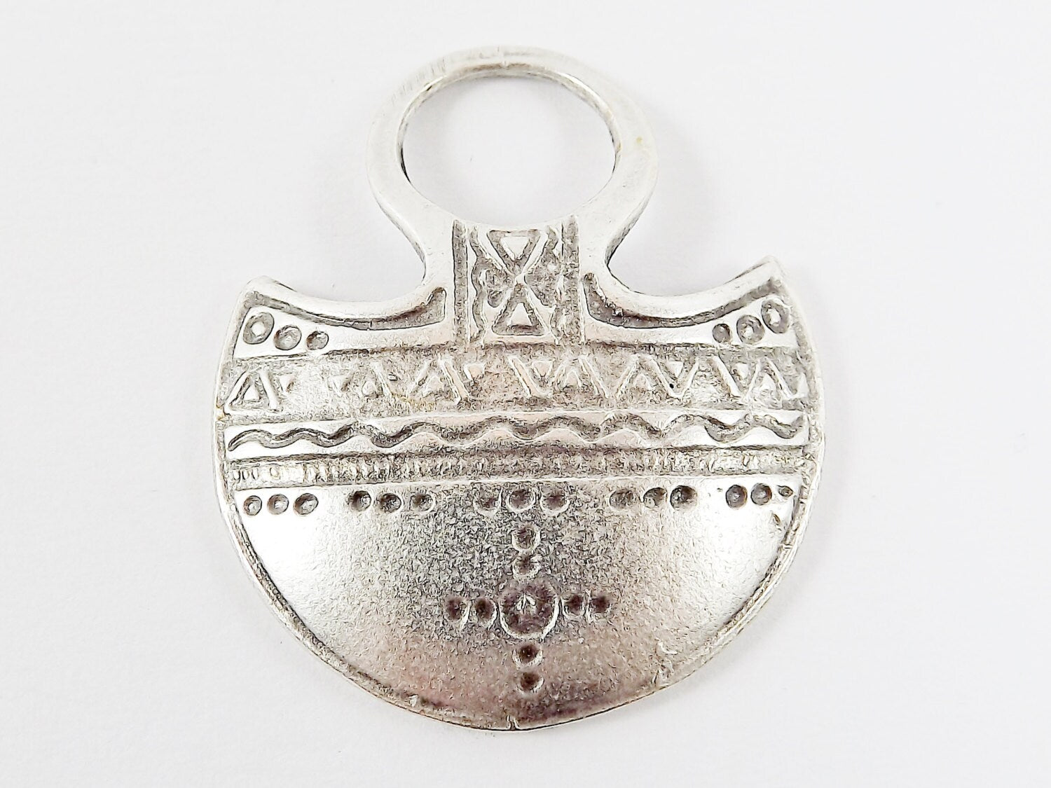 Tribal Ethnic Dome Pendant Geometric Pattern - Matte Antique Silver Plated - 1PC