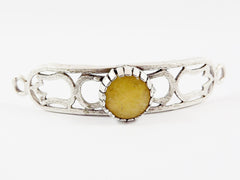 Yellow Jade Stone Curved Fretwork Bracelet Focal Connector - Matte Antique Silver Plated - 1PC