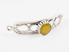 Yellow Jade Stone Curved Fretwork Bracelet Focal Connector - Matte Antique Silver Plated - 1PC