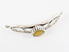 Yellow Jade Stone Curved Fretwork Bracelet Focal Connector - Matte Antique Silver Plated - 1PC