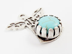 Small Hammered Angel Pendant Turquoise Stone - Matte Antique Silver Plated