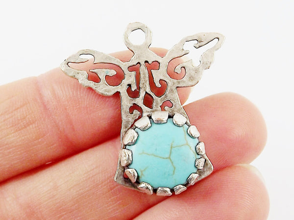 Small Hammered Angel Pendant Turquoise Stone - Matte Antique Silver Plated