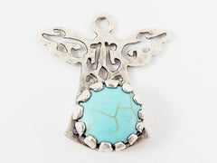 Small Hammered Angel Pendant Turquoise Stone - Matte Antique Silver Plated