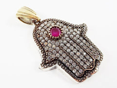 Hamsa Hand of Fatima Pendant Red Clear Crystal Accents - Sterling Silver Antique Bronze - 1PC