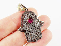 Hamsa Hand of Fatima Pendant Red Clear Crystal Accents - Sterling Silver Antique Bronze - 1PC