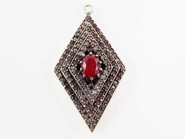 Turkish Diamond Pendant Red Clear Crystal Accents - Sterling Silver Antique Bronze - 1PC