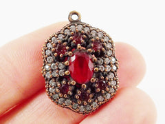 Turkish Oval Pendant Red Clear Crystal Accents - Sterling Silver Antique Bronze - 1PC