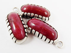 Trio Bean Stone Bracelet Connector Deep Red Jade Exotic Gemstone Jewelry Supplies Components Silver Bezel Matte Antique Silver Plated - No:5