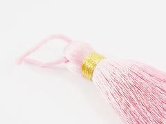 Baby Pink Tassel, Pink Silk Tassel, Extra Large Tassel, Tassel Pendant, Thick, Mala Tassel, Gold Metallic Band, 4.4 inches - 113mm 1pc