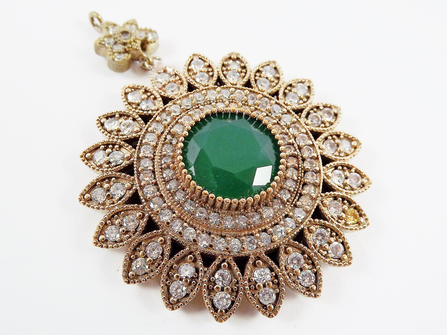 Large Round Flower Shaped Green & Clear Rhinestone Crystal Pendant - Antique Bronze - 1PC