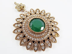 Large Round Flower Shaped Green & Clear Rhinestone Crystal Pendant - Antique Bronze - 1PC