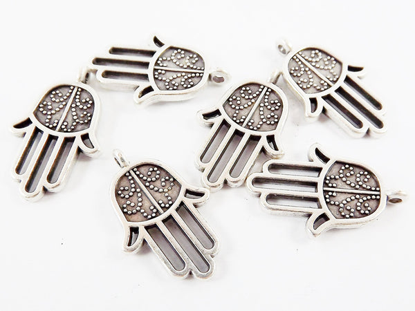 6 Dotted Curl Hamsa Hand of Fatima Hamsa Charms - Matte Antique Silver Plated