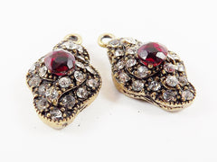 Red Clear Rhinestone Crystal Small Pendants - Antique Bronze - 2PC - No:32 - Turkish Jewelry