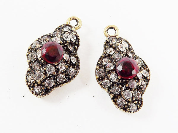 Red Clear Rhinestone Crystal Small Pendants - Antique Bronze - 2PC - No:32 - Turkish Jewelry