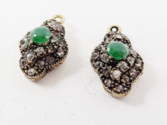Green Clear Rhinestone Crystal Small Pendants - Antique Bronze - 2PC - No:32 - Turkish Jewelry