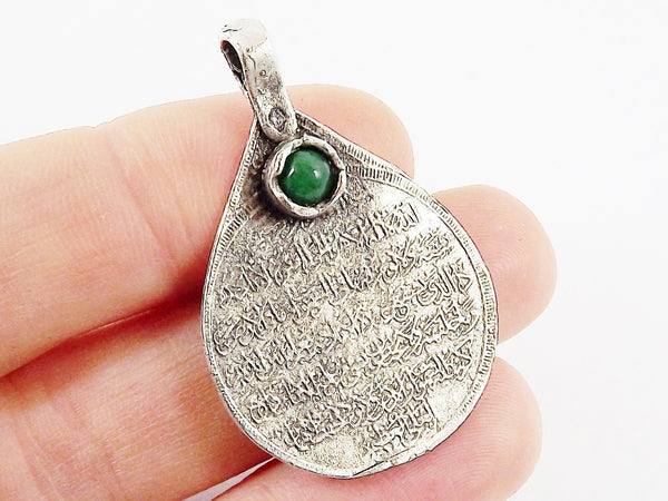 Teardrop Medallion Pendant with Green Jade Stone Accent - Arabic Calligraphy - Matte Antique Silver Plated - 1pc