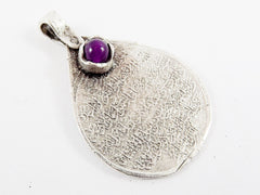 Teardrop Medallion Pendant with Purple Jade Stone Accent - Arabic Calligraphy - Matte Antique Silver Plated - 1pc