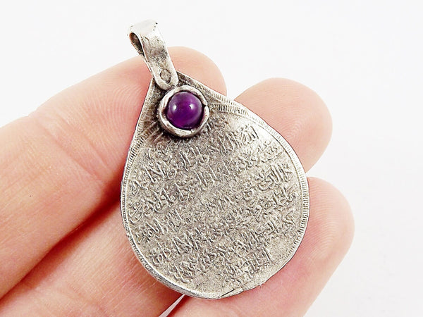 Teardrop Medallion Pendant with Purple Jade Stone Accent - Arabic Calligraphy - Matte Antique Silver Plated - 1pc