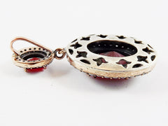 Red Crystal Oval Necklace Pendant with Clear Rhinestones and Bail, Sterling Silver Antique Bronze, 1PC