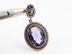 Purple Crystal Oval Necklace Pendant with Clear Rhinestones and Bail, Sterling Silver Antique Bronze, 1PC
