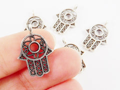 5 Small Filigree Hamsa Hand of Fatima Pendant Charms with Circle- Matte Silver Plated