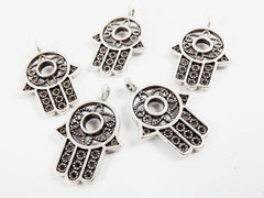 5 Small Filigree Hamsa Hand of Fatima Pendant Charms with Circle- Matte Silver Plated