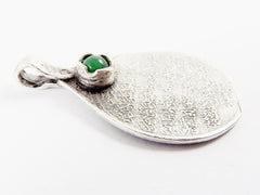 Teardrop Medallion Pendant with Green Jade Stone Accent - Arabic Calligraphy - Matte Antique Silver Plated - 1pc