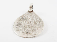 Teardrop Medallion Pendant with Aqua Jade Stone Accent - Arabic Calligraphy - Matte Antique Silver Plated - 1pc