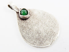 Teardrop Medallion Pendant with Green Jade Stone Accent - Arabic Calligraphy - Matte Antique Silver Plated - 1pc