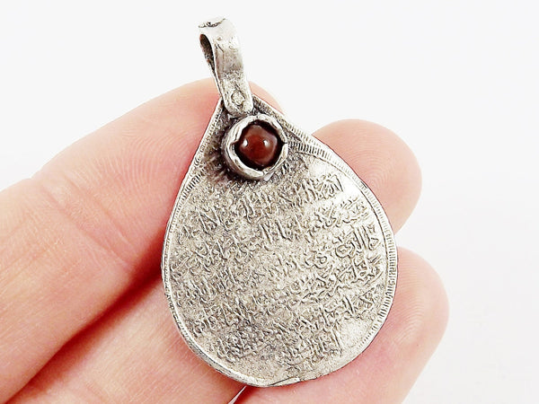 Teardrop Medallion Pendant with Brown Jade Stone Accent - Arabic Calligraphy - Matte Antique Silver Plated - 1pc