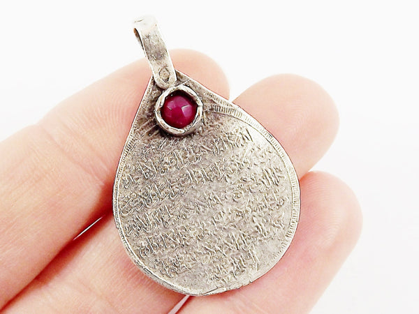 Teardrop Medallion Pendant with Fuchsia Pink Facet Cut Jade Stone Accent - Arabic Calligraphy - Matte Antique Silver Plated - 1pc