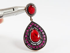 Red Crystal Teardrop Necklace Pendant with Pink Clear Rhinestones and Bail, Sterling Silver Antique Bronze, 1PC