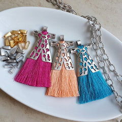 Peach Silk Thread Turkish Caftan Tassel Pendant - Matte Silver Plated - 1PC