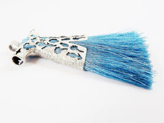 Maui Blue Silk Thread Turkish Caftan Tassel Pendant - Matte Silver Plated - 1PC