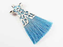 Maui Blue Silk Thread Turkish Caftan Tassel Pendant - Matte Silver Plated - 1PC