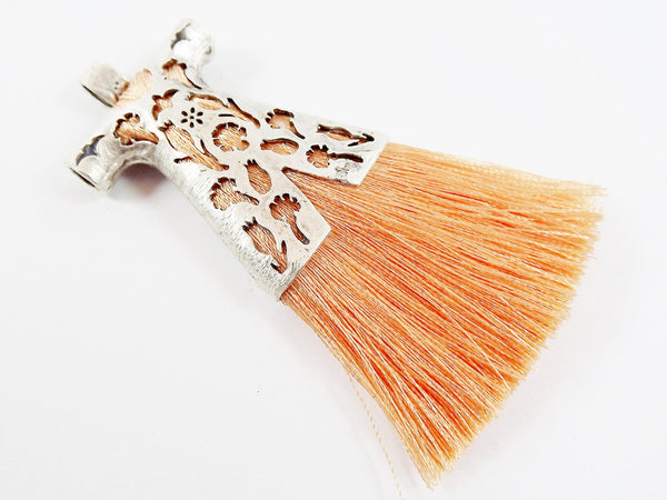 Peach Silk Thread Turkish Caftan Tassel Pendant - Matte Silver Plated - 1PC