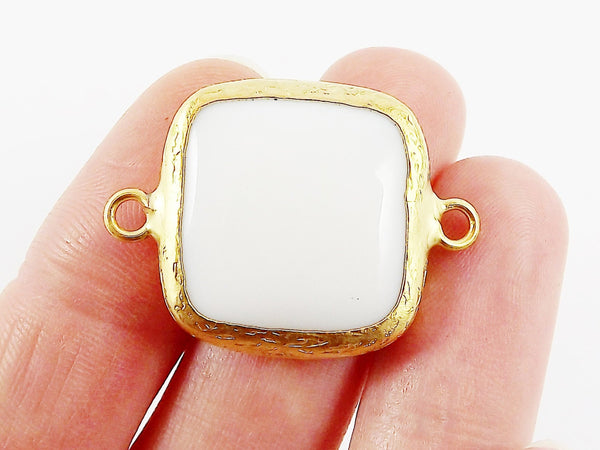 23mm White Jade Square Gemstone Connector Station - 22k Gold plated Bezel - 1pc