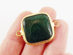 23mm Deep Green Jade Square Gemstone Connector Station - 22k Gold plated Bezel - 1pc