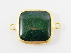 23mm Deep Green Jade Square Gemstone Connector Station - 22k Gold plated Bezel - 1pc