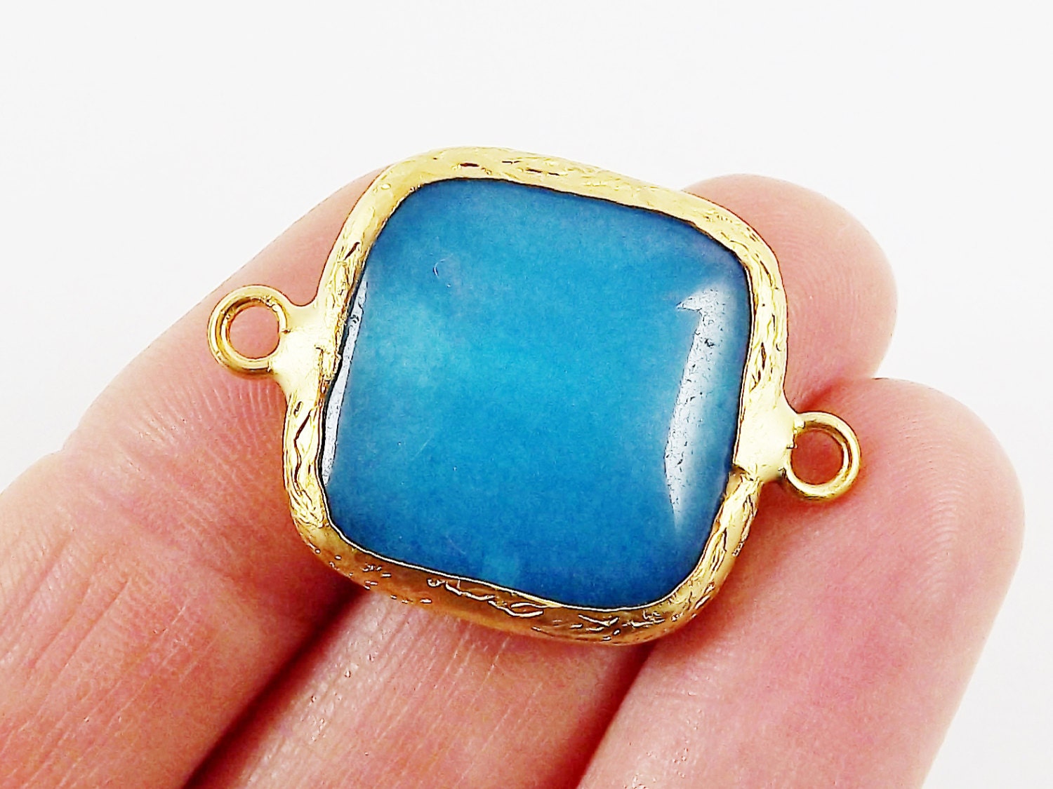 23mm Cyan Blue Jade Square Gemstone Connector Station - 22k Gold plated Bezel - 1pc