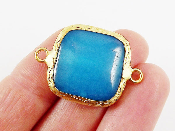 23mm Cyan Blue Jade Square Gemstone Connector Station - 22k Gold plated Bezel - 1pc
