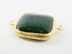 23mm Deep Green Jade Square Gemstone Connector Station - 22k Gold plated Bezel - 1pc