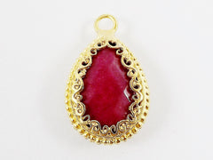 Red Teardrop Jade Pendant  - Rustic Swirl Bezel - 22k Matte Gold plated Bezel - 1pc