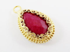 Red Teardrop Jade Pendant  - Rustic Swirl Bezel - 22k Matte Gold plated Bezel - 1pc