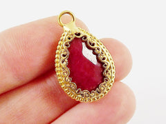 Red Teardrop Jade Pendant  - Rustic Swirl Bezel - 22k Matte Gold plated Bezel - 1pc