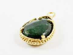 Deep Green Teardrop Jade Pendant  - Rustic Swirl Bezel - 22k Matte Gold plated Bezel - 1pc