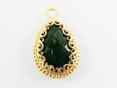 Deep Green Teardrop Jade Pendant  - Rustic Swirl Bezel - 22k Matte Gold plated Bezel - 1pc