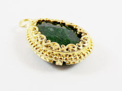 Deep Green Teardrop Jade Pendant  - Rustic Swirl Bezel - 22k Matte Gold plated Bezel - 1pc